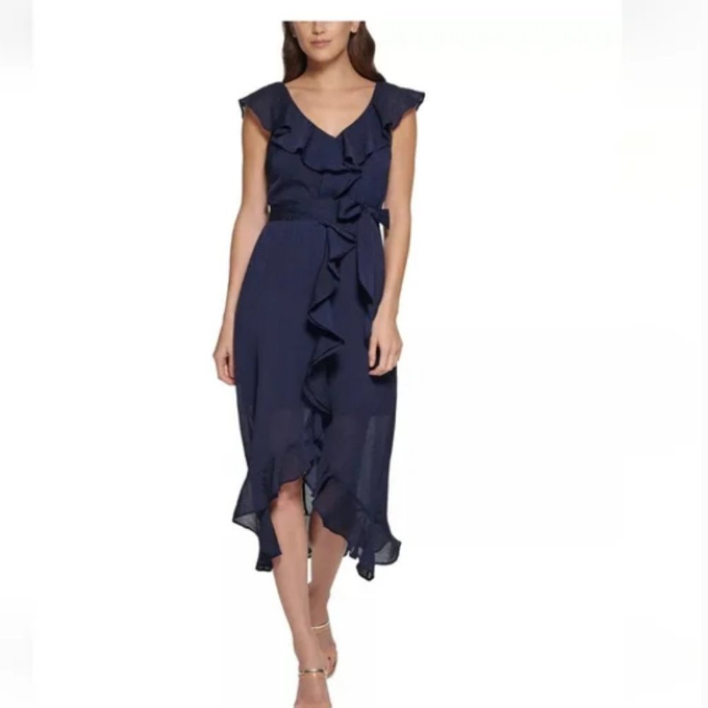 NWT! DKNY Navy Chiffon Ruffled V-Neck Midi Dress - Size 12